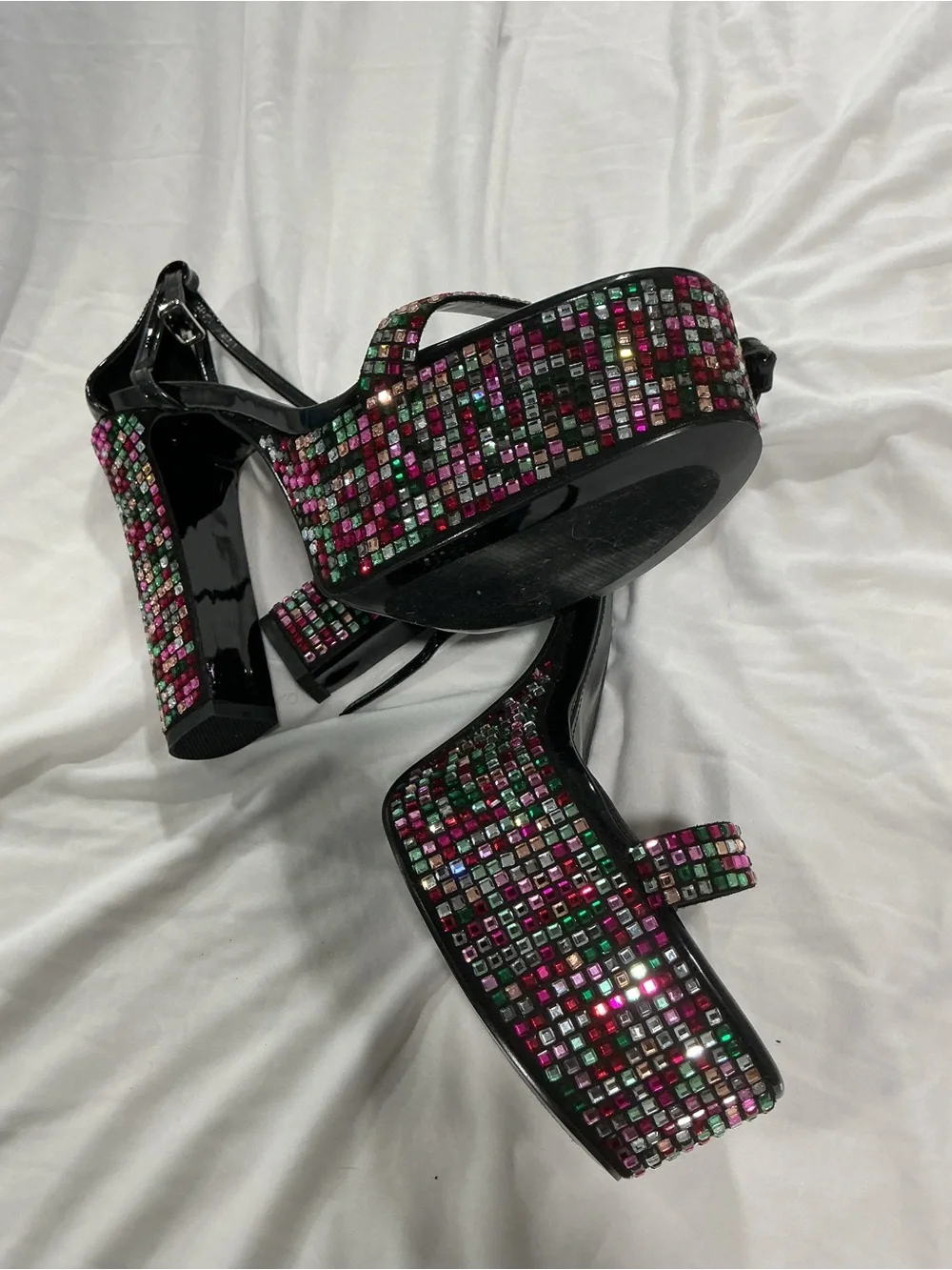 Fashion Nova Black Platform Heels with Multicolor Gem Accents